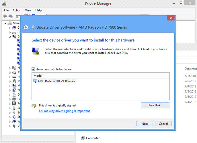 You will now be brought back to the “Update Driver Software” screen with only one driver available for your AMD 7900. Select it and press Next.